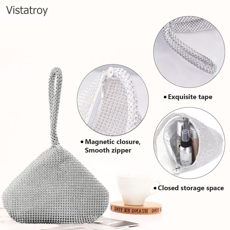 VISTATROY Women's Evening Bag Sparkly Rhinestone Triangle Designer Chain Clutch Purse for Party Prom Wedding (A Silver) - Image 2